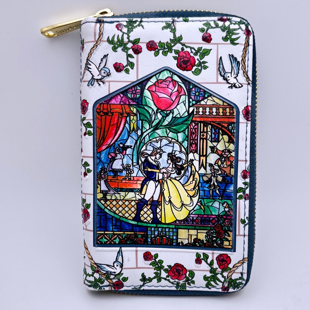 Loungefly Disney Beauty and the Beast Stained Glass Zip Wallet Blue Rose Belle